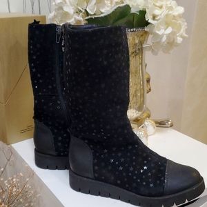 Wool and leather sparkling stars black winter boots girls